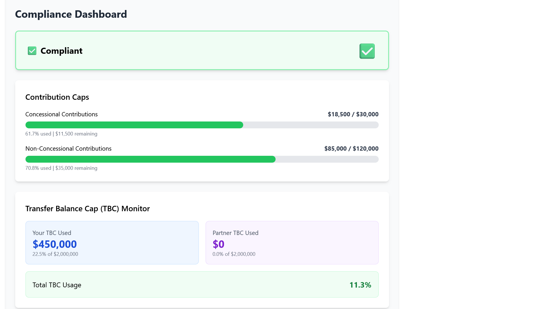 Transfer Balance Cap tracking and utilization from SMSF Compliance Dashboard